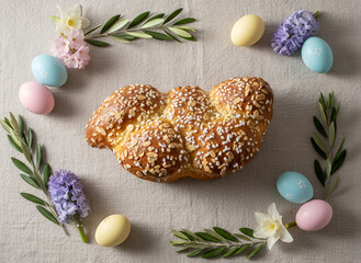 Top View of Italian Colomba Pasquale with Minimal Easter Decor