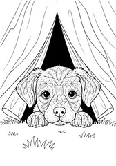 the puppy looks out of the tent. coloring book