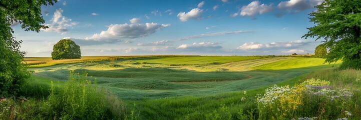Obraz premium A serene rural landscape with rolling green hills and trees under a blue sky with clouds