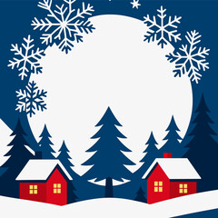 Fototapeta premium Snowflake Night Frame Over Pine Forest Cabins for Winter Holiday Cards