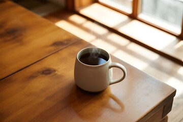 A steaming hot cup of coffee on a wooden table by a sunny window