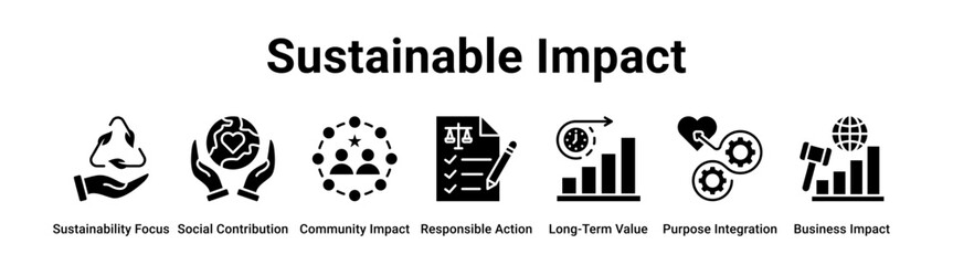 Sustainable Impact web banner icon vector illustration concept for business with icon of Sustainability Focus, Social Contribution, Community Impact, Responsible Action, Long-Term Value, Purpose.