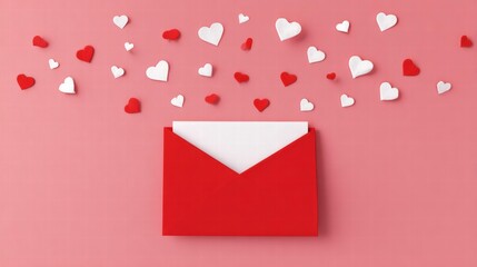 Red envelope with 3D paper hearts and pink background for Valentine's Day card mockup and social media