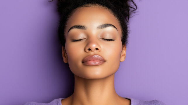 Young black woman relaxing with eyes closed against purple background  
