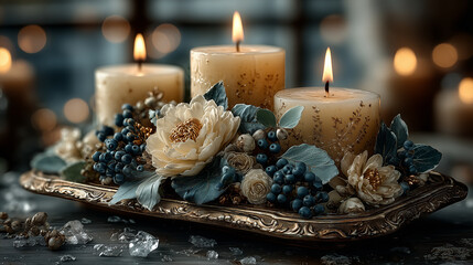 Decorative candles arrangement with a bokeh background - ai generative