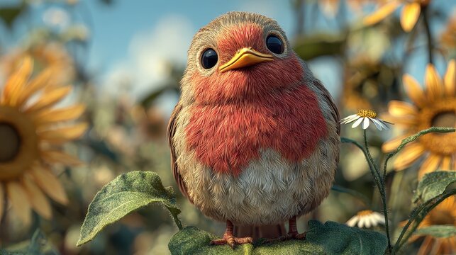 bashful cartoon-style robin with a plump red chest and soft brown feathers