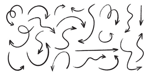 Hand drawn arrow collection in crayon and brush style. Vector chalk pencil line icons with sketch scribble rough doodle strokes. Marker set with white fun grunge pastel elements and wave textures.