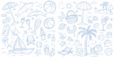 A delightful collection of hand drawn summer icons and beach themed illustrations
