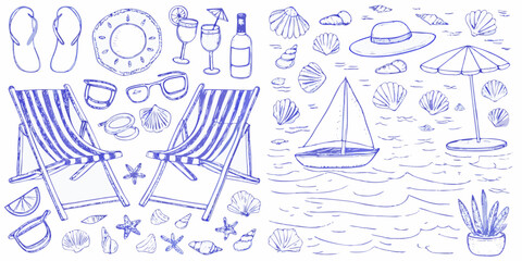A charming collection of hand drawn summer elements and beach themed illustrations