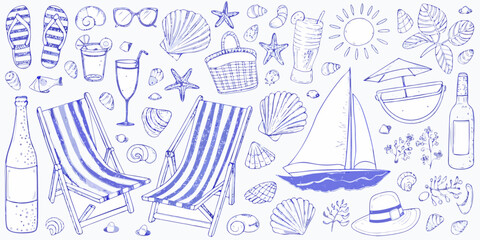 Blue line art illustration featuring summer vacation elements like shells and a sailboat