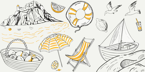 Summer vacation doodles a beach scene with citrus sea life and accessories
