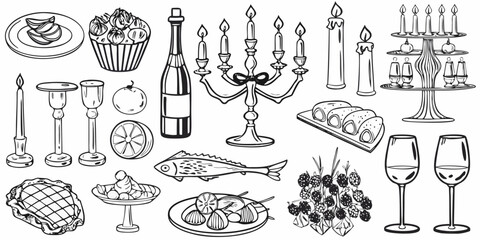 An elegant collection of sketched dining elements including food drink and decor