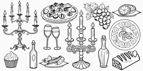 Vintage illustration of ornate candelabras oysters fruits and elegant dining elements