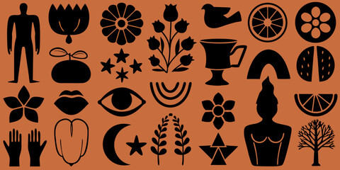 Minimalist collection of black silhouettes figures flora and symbolic objects