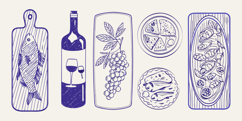 A collection of hand drawn food items including fish wine and charcuterie