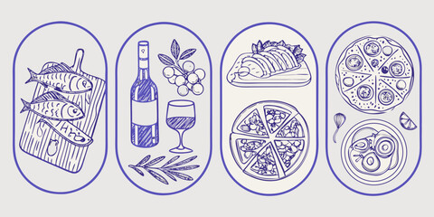 Sketch of various food items including fish wine tacos and pizza
