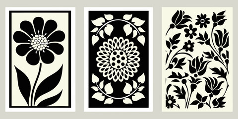 Three black and white floral panels with stylized botanical designs