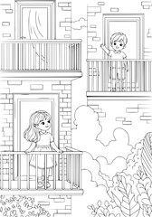 familiar children from neighboring houses are standing on balconies. coloring book