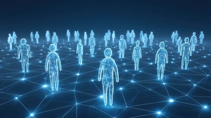 Interconnected Human Figures Glowing in a Network of Lines Representing Digital Connectivity and Technology Concept in the Modern World