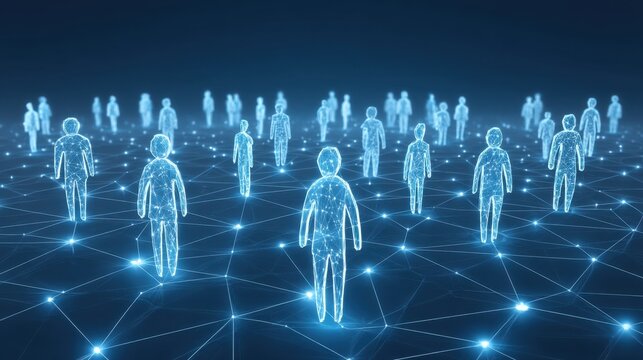 Interconnected Human Figures Glowing in a Network of Lines Representing Digital Connectivity and Technology Concept in the Modern World