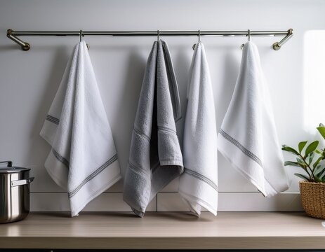 fresh kitchen towels hanging neatly on modern rail pristine white kitchen details evoke cleanliness and order