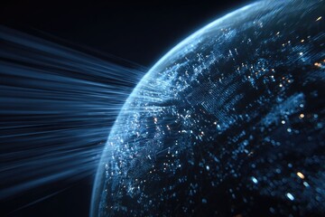 Digitally rendered Earth illuminated by streams of light, suggesting global connections