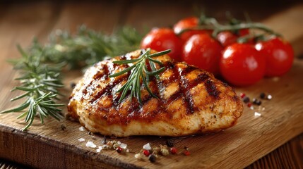 Grilled chicken breast with pepper and tomato on wood