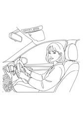 a girl driving a car. coloring book