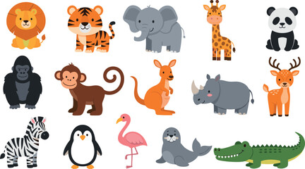 Cute cartoon wild animals illustration set lion tiger elephant giraffe panda zoo character collection for kids education vector © Yeasin
