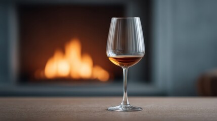 Cozy Indoor Scene with a Wine Glass Glowing in Front of a Warm Fireplace, Perfect for Inviting Atmosphere and Relaxation