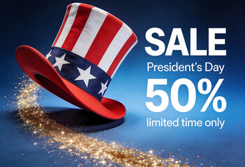 Presidents Day Sale Graphic: Patriotic Hat with Glitter for National Holidays, Announcing 50% Off Limited Time Promotion
