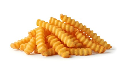 Crispy golden curly fries stacked on white background. Unique fast food visual for menus, snack ads, and restaurant branding.