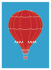 Stylized vintage hot air balloon with decorative lights on a bright blue background. Retro travel posters and festivals. Adventure, journey, holiday mood. Vector flat illustration