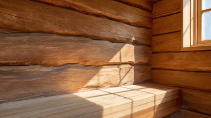 Cedar Sauna Interior Concept. Cozy interior of a wooden cabin with sunlight streaming in.