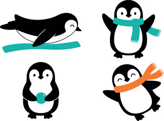 Cute Penguin Character Set with Winter Scarves and Snowball Playful Arctic Animal Mascot Flat Vector Illustration Collection