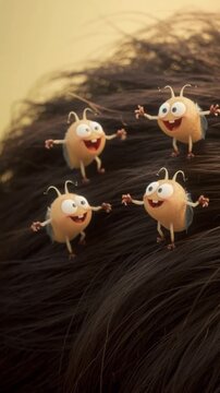 Five cartoon lice on a human head with dark hair.
