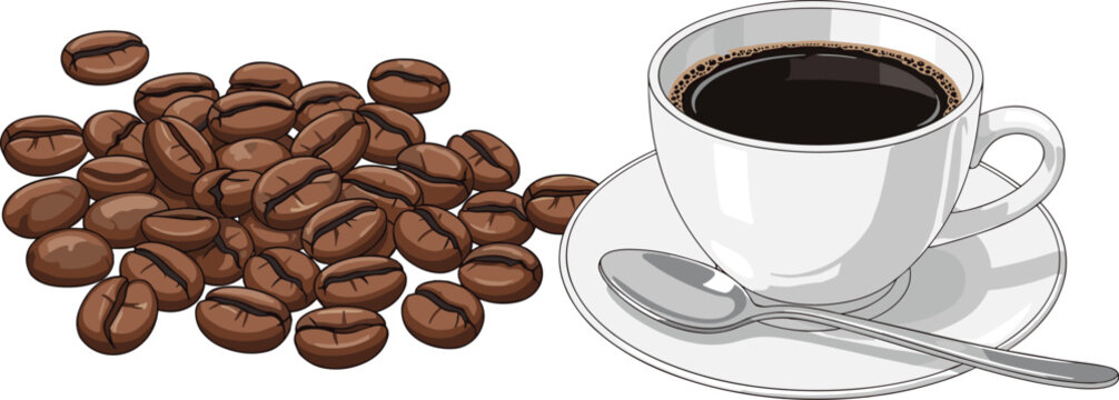 White ceramic coffee cup with saucer and spoon beside roasted beans, symbolizing coffee culture, aroma, and beverage enjoyment.