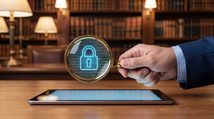 Businessman hand holding magnifying glass over tablet revealing digital padlock. Cybersecurity and data privacy concept with binary code in library background.