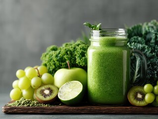 Glass jar mugs with green health smoothie, kale leaves, lime, apple, kiwi, grapes, banana, avocado, lettuce. Copy space. Raw, vegan, vegetarian, alkaline food concept