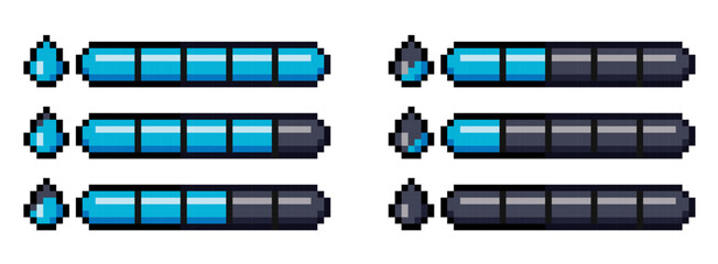 Pixel art style retro game life bar with water  drop indicator isolated on transparent background. Collection of 8-bit retro health UI for video game assets. Vector illustration.