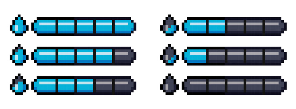 Pixel art style retro game life bar with water  drop indicator isolated on transparent background. Collection of 8-bit retro health UI for video game assets. Vector illustration.