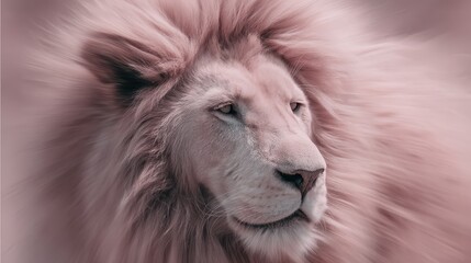 Motion blur photo of forward facing lion head with big mane in a subtle baby pink colour all over picture