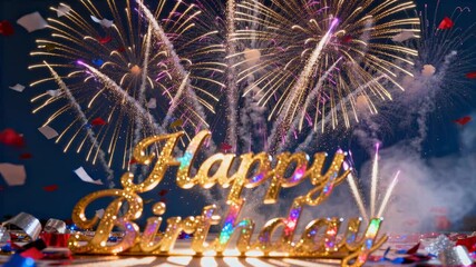 Happy birthday celebration with colorful fireworks, sparkling confetti, festive ribbons, and glowing lights in a joyful night scene