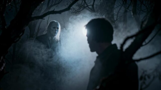 Mysterious man walking through eerie foggy forest at night with ghostly figure emerging from dark misty background