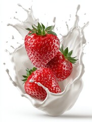 Two strawberries falling into milk