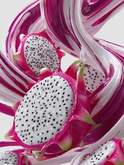 Swirling white and magenta dragon fruit juice in motion with slices containing black seeds