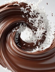 Swirling shape of thick melted chocolate with scattered white coconut shavings and curls, tropical dessert feeling