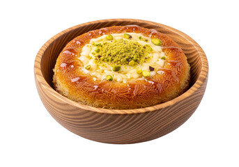 cream filled pastry with pistachio topping in a wooden bowl