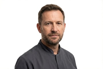 Obraz premium Close - up of a smiling woman's front face in a grey uniform - Suitable for personal image display scenarios