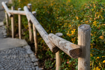 Wooden fence along a path beside green bushes and flowers